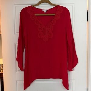Counterparts Red V-Neck Blouse with Crochet Accents. Perfect for Valentine